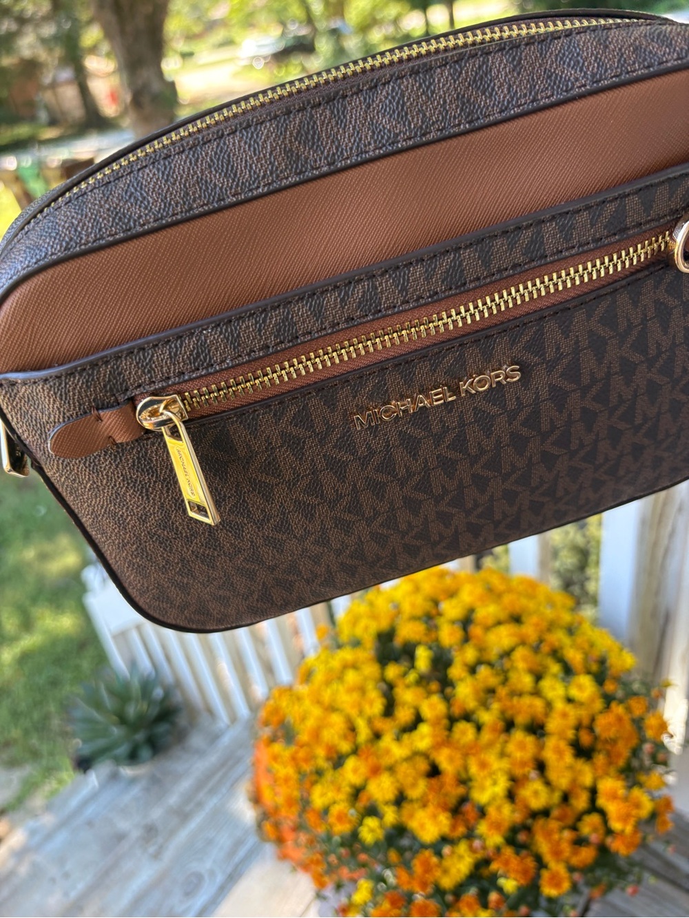 Michael Kors Collection Brown MK Monogram Belt Bag with Gold Hardware